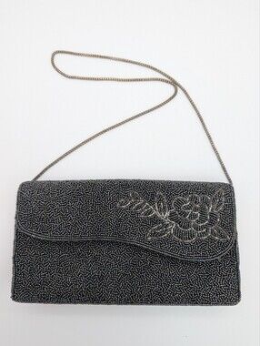 Vintage Beaded Evening Clutch With Floral Rose Motif Dark Gray